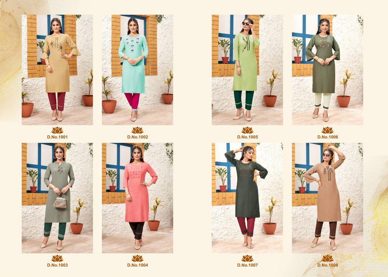 Vff Tulashi Rayon Designer Ethnic Wear Kurti With Pant Collection